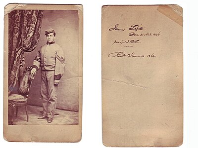 Click image for larger version

Name:	Ist Sgt James Lafette June 10 1864.jpg
Views:	185
Size:	88.2 KB
ID:	220920