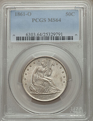 Click image for larger version

Name:	1861-O 50c WB-101 Die Pr-7 PCGS MS64 Obverse w Holder.jpg
Views:	64
Size:	168.2 KB
ID:	224493